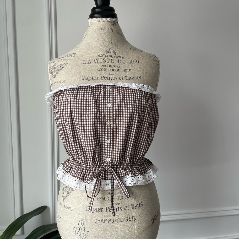 Brown Gingham Off Shoulder Bandeau Top